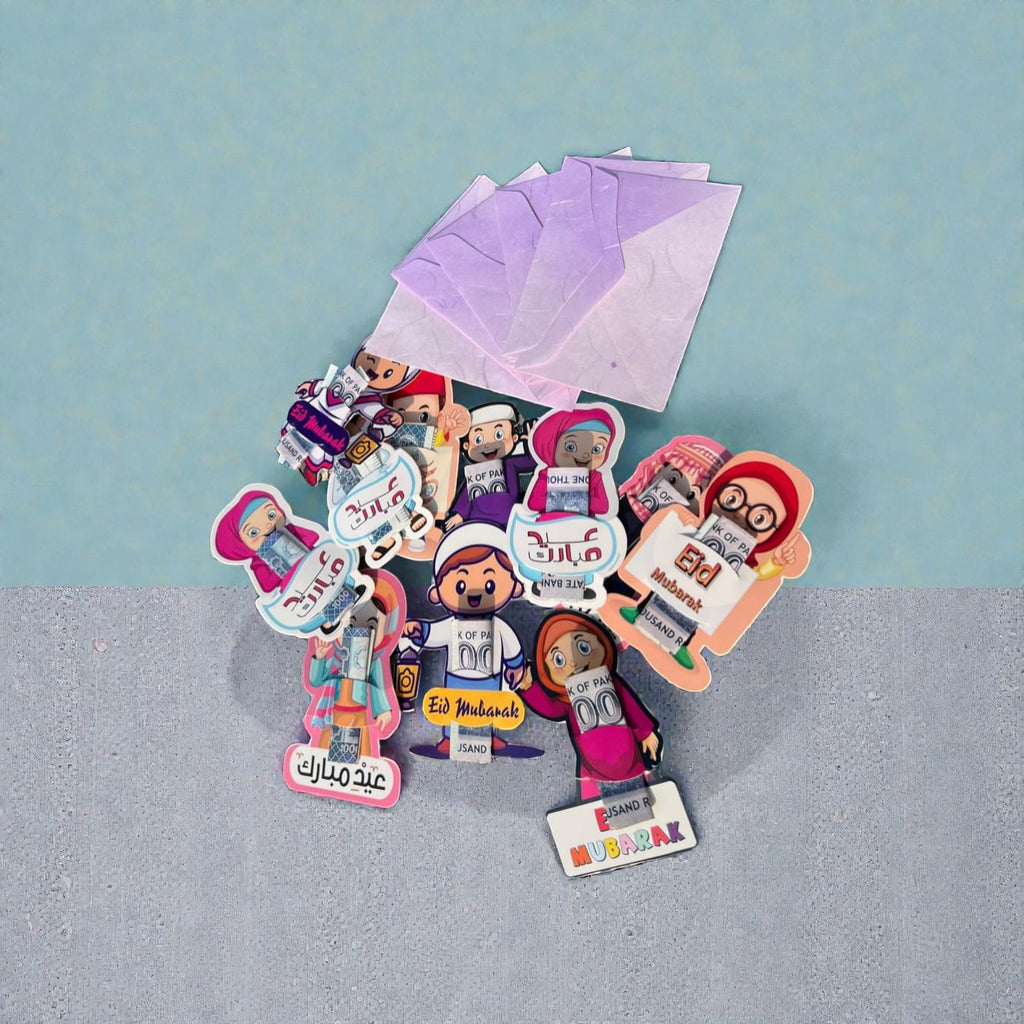 Kids Eidi Tuck Cards, Eid Envelopes (Pack of 11 Mix Design with 11 Textured Envelopes) Buy 1 Get 1 FREE